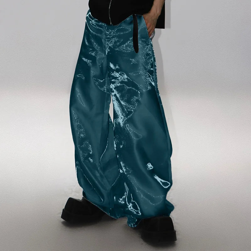 Shiny Elastic Waist Joggers | Sophisticated Mid-Waist Straight Silhouette | Elegant "Full-Length" Streetwear Fashion | "Dignified" Pleated Party Trousers for Radiant Versatile Styling