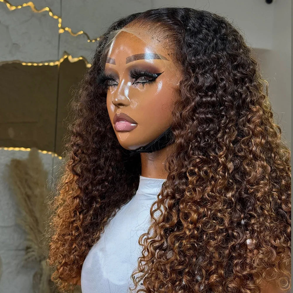 Ombre Chocolate Brown Burmese Curly HD Lace Wig | Sophisticated 7x5 Pre-Cut Invisi HD Lace Footwear | Elegant "Glueless" Silhouette | "Dignified" Chinese Remy Human Hair for Radiant Versatile Styling Luxegan