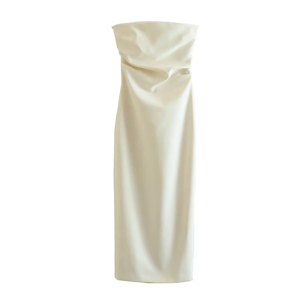 Strapless Gathered Straight-Neck Midi Dress | Solid Non-Stretch Back-Slit Cocktail Gown | Tailored Mid-Calf Regular Fit Dress Luxegan