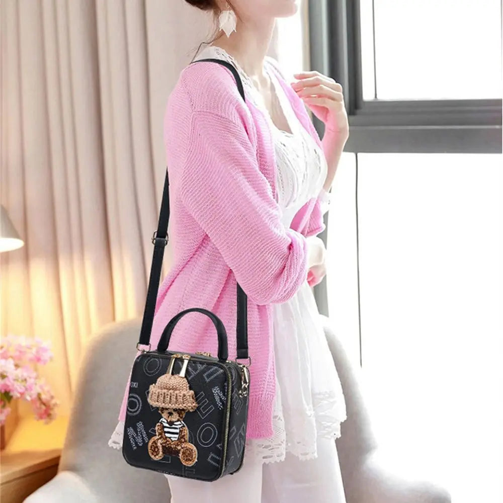 PU Leather Shoulder Bags | Fashion Simple Cute Cartoon Bear Crossbody Bag & Messenger Bag (Women's Small Square Handbags) Luxegan