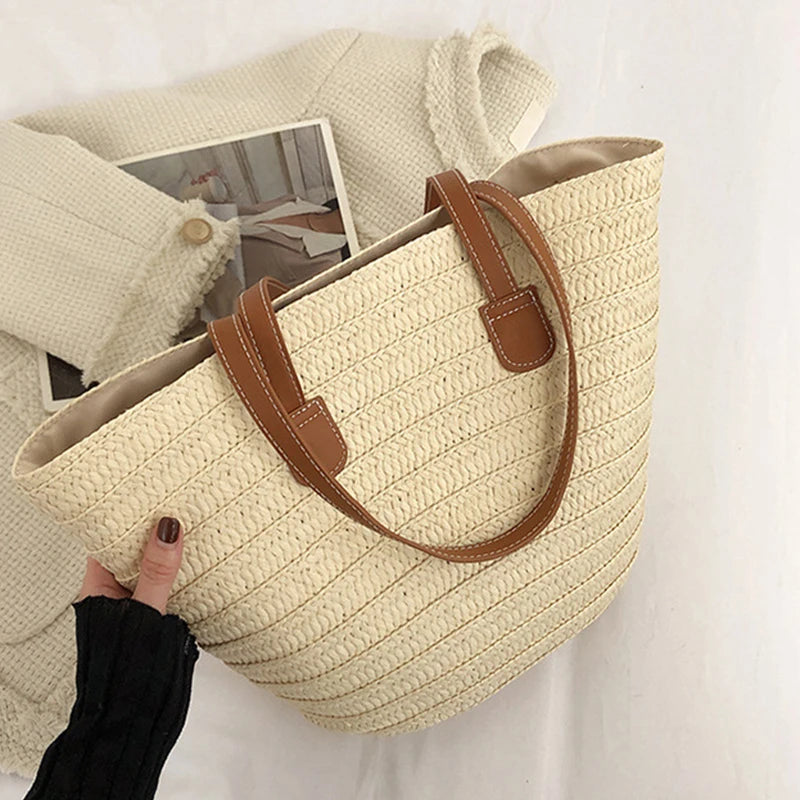 Summer Large Capacity Straw Bag | Sophisticated Knitted Bohemia Top-Handle Bag | Elegant Travel Tote & Armpit Bag | Luxury "Dignified" Woven Straw Handbag with Secure Zipper Closure Luxegan