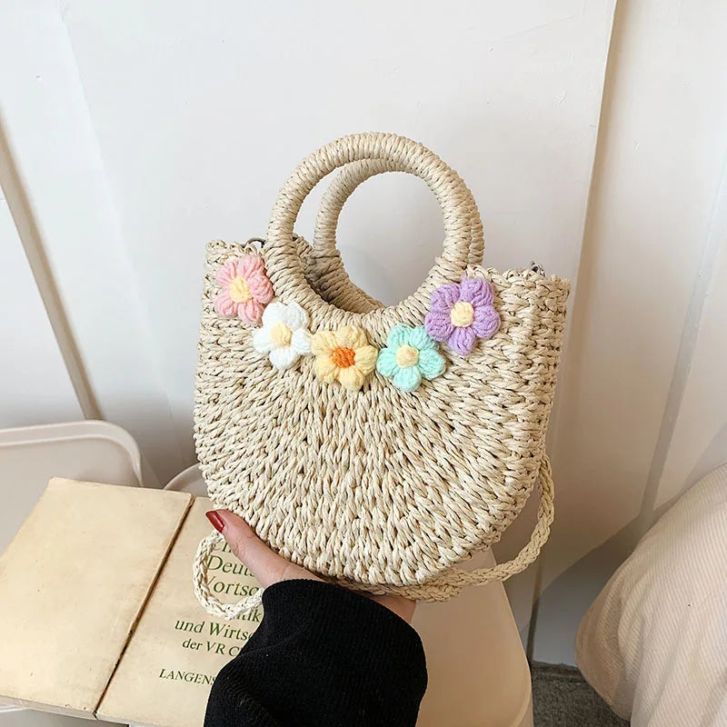 Hand-Woven Circular Straw Tote | Sophisticated Bohemian Rattan Purse | Elegant Floral-Accent Beach Bag | "Dignified" Soft Wicker Handbag for Versatile Summer Styling Luxegan