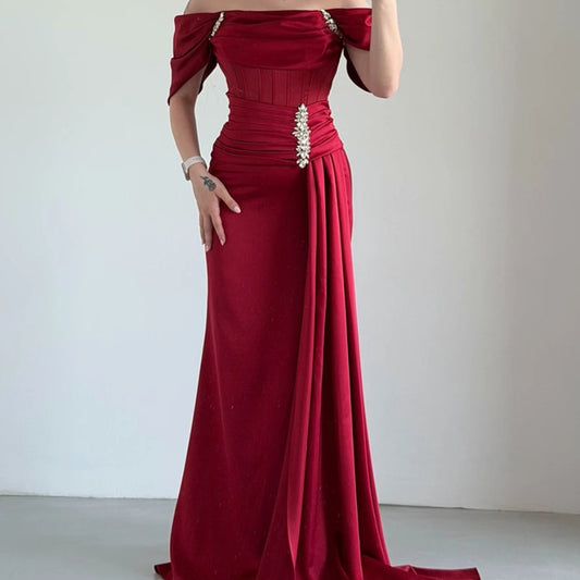 Crystal Draped A-Line Prom Dress | Off-Shoulder Sleeveless Floor-Length Evening Gown Luxegan