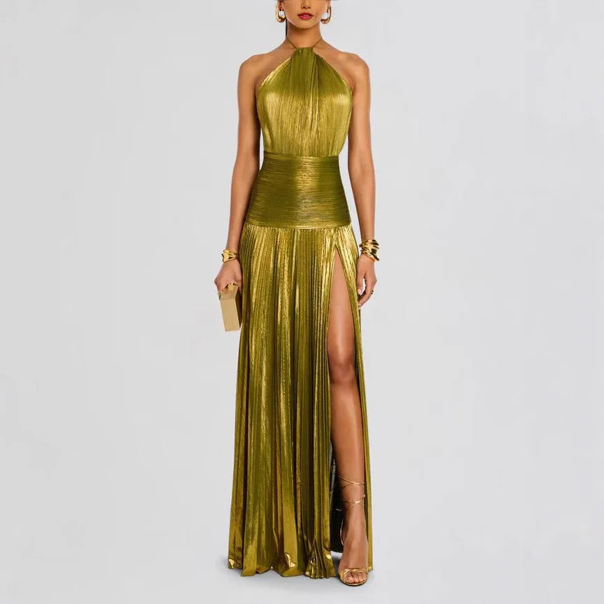 Women's Gold Halter Neck Evening Dress | Chic Solid Color Pleated Backless Party Gown | Slim Fit Package Hip Slit Maxi Dress | Trendy Summer Streetwear Vestido Model 8155 Luxegan