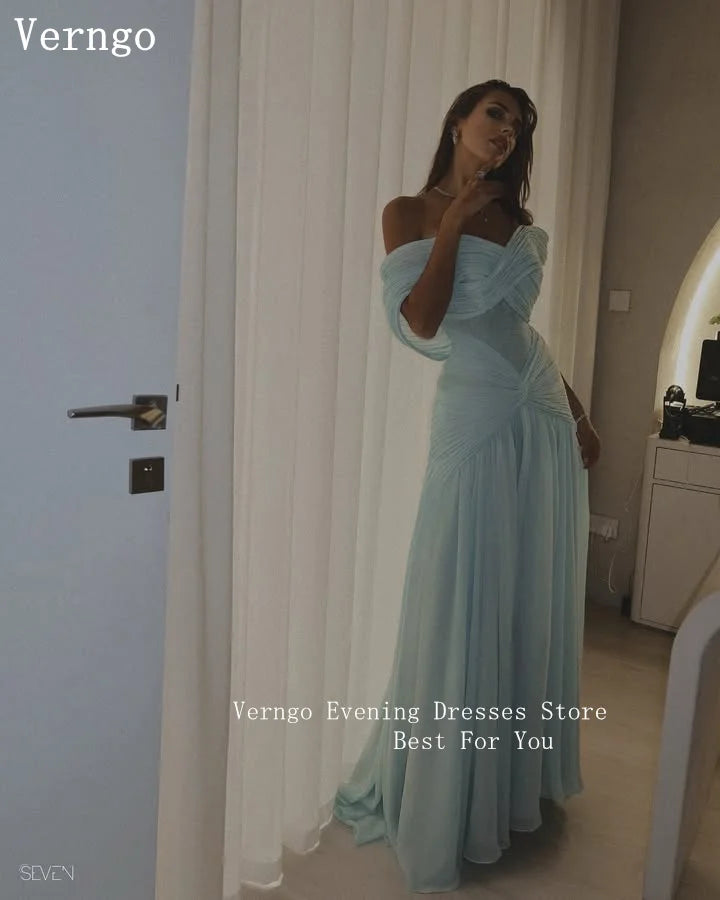 Verngo Blue Chiffon Evening Dress Off The Shoulder Mermaid Formal Occasion Dress Saudi Arabia Prom Gowns Customized