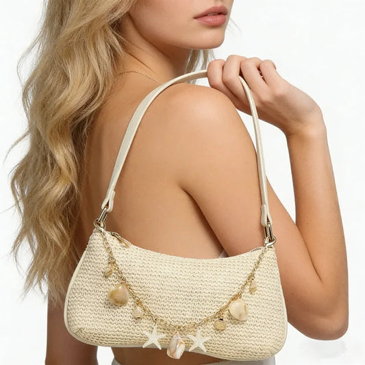 Woven Underarm Straw Bag | Sophisticated "Baguette" Silhouette | Elegant Pearl & Chain Decoration | "Dignified" High-Performance Straw Weaving Essential for Radiant Versatile Styling Luxegan