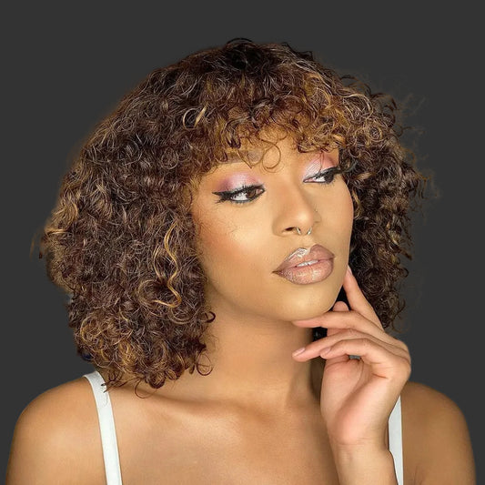 Honey Blonde Jerry Curl Pixie Bob Human Hair Wig with Bangs - Full Machine-Made Glueless Short Curly Wig - 100% Brazilian Remy Human Hair Colored Wig for Women (4-16 Inch) Luxegan