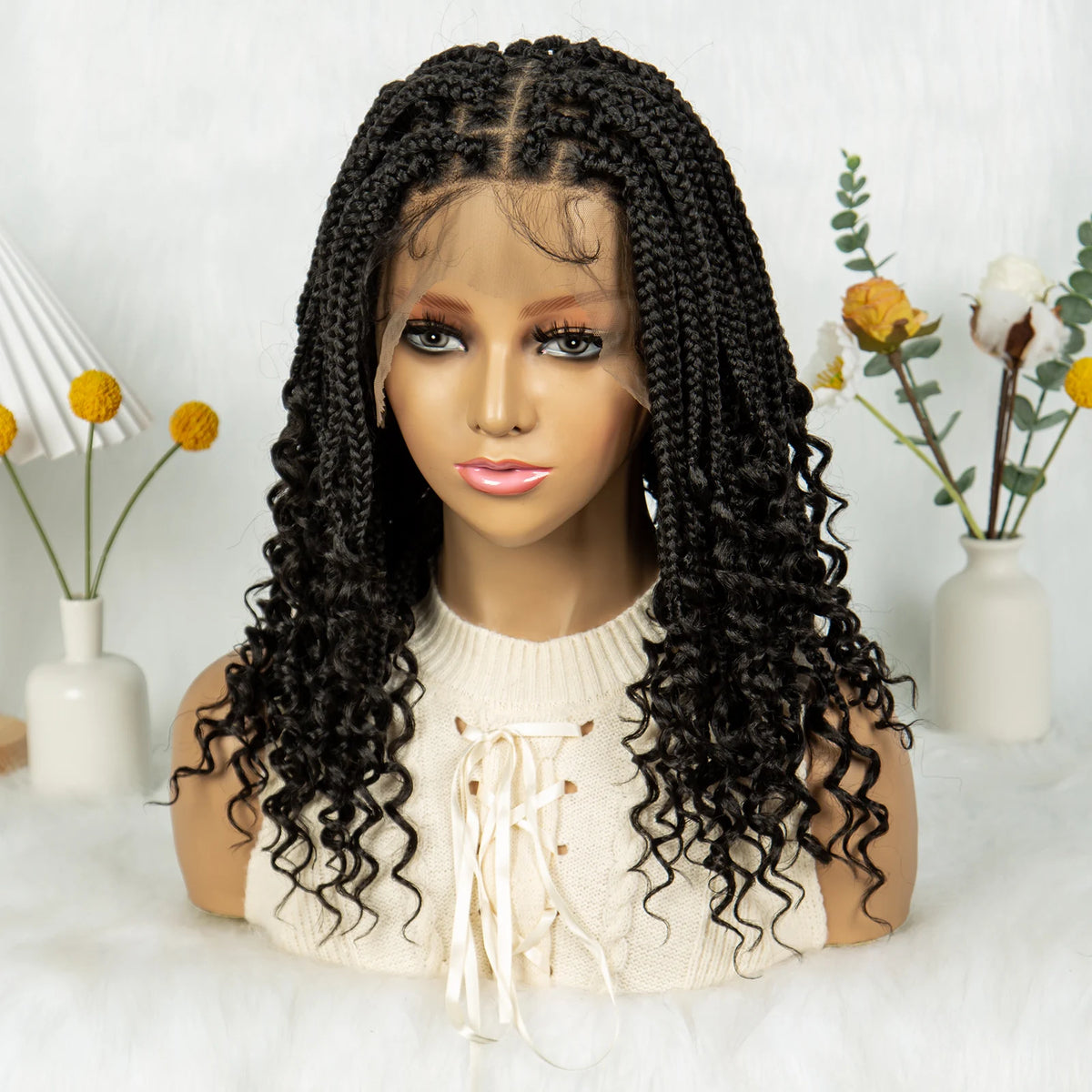 16 Inch Boho Knotless Box Braided Wig | Full Lace | Curly Ends