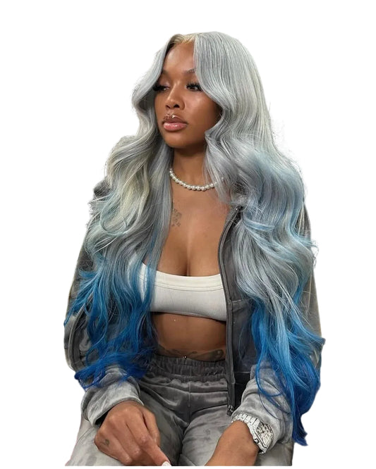 Gradient Gray-Blue Ombre Lace Front Wig | 613 Colored Brazilian Human Hair Wig | 13x6 HD & 13x4 Transparent Swiss Lace Body Wave Frontal Wig for Women Luxegan