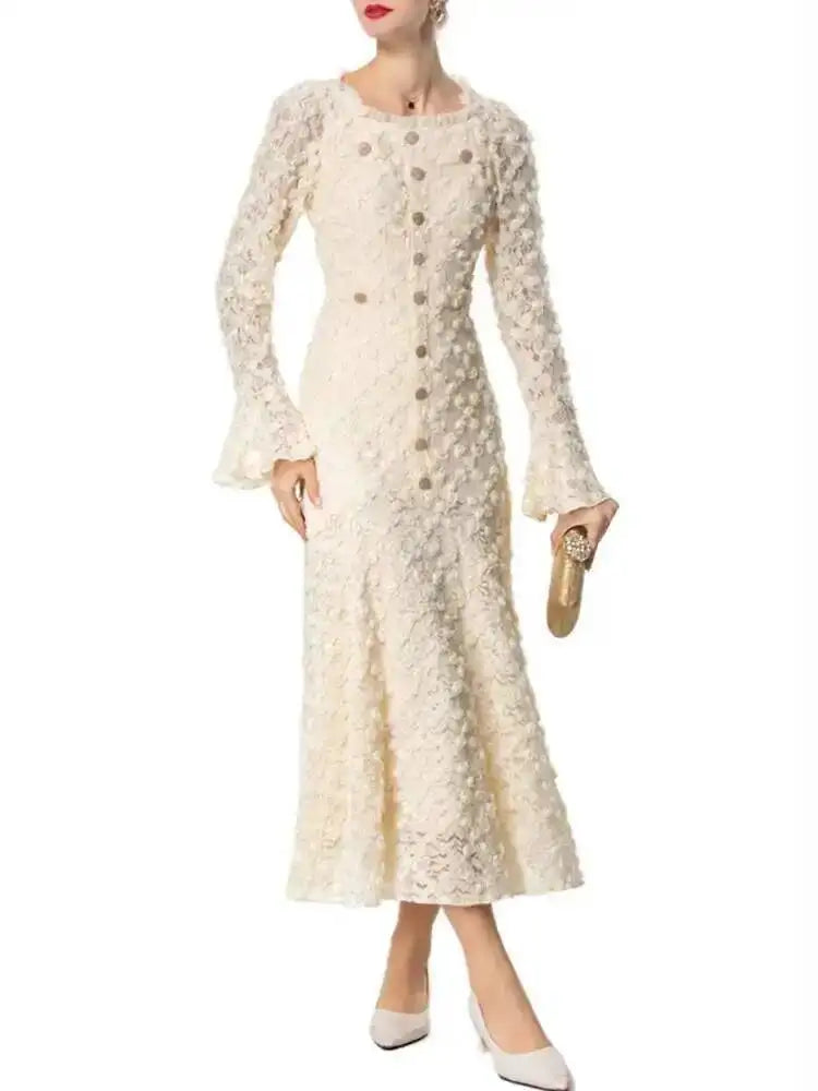Solid High Street Square Neck Long Sleeve Slim A-Line Mid-Calf Dress – Cotton and Polyester, All Season Luxegan