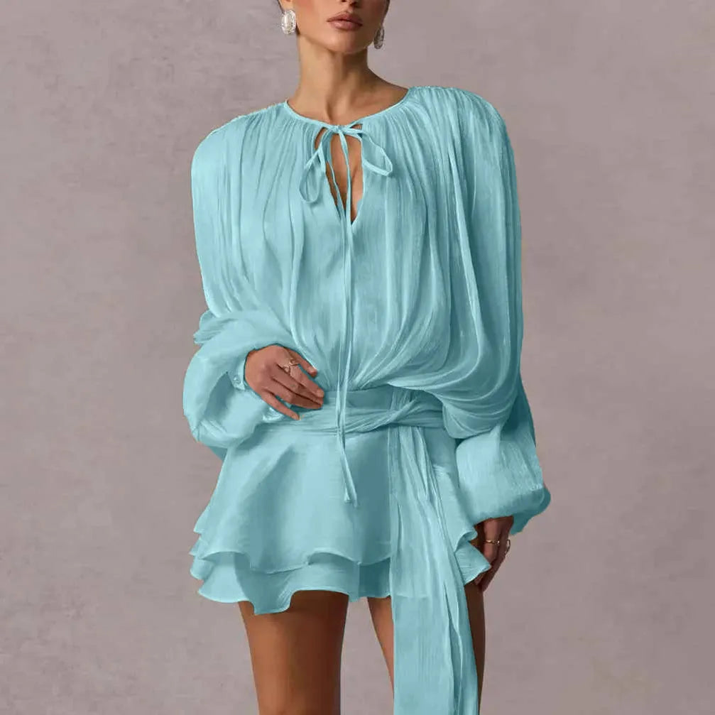 Gaono Women's Elegant Solid Mini Dresses A-line Bubble Lace Up Party Short Vestido Flared Sleeve Fashion Lady Night Summer Gown