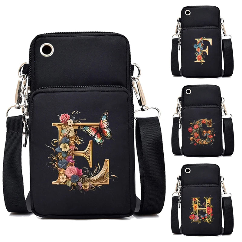 Women’s Small Crossbody Mobile Phone Bag | Sophisticated Vintage Flower & Alphabet Purse | Elegant Mini Messenger with Soft Leather Strap | Fashion-Forward Cartoon Applique Shoulder Bag (Model 858) Luxegan