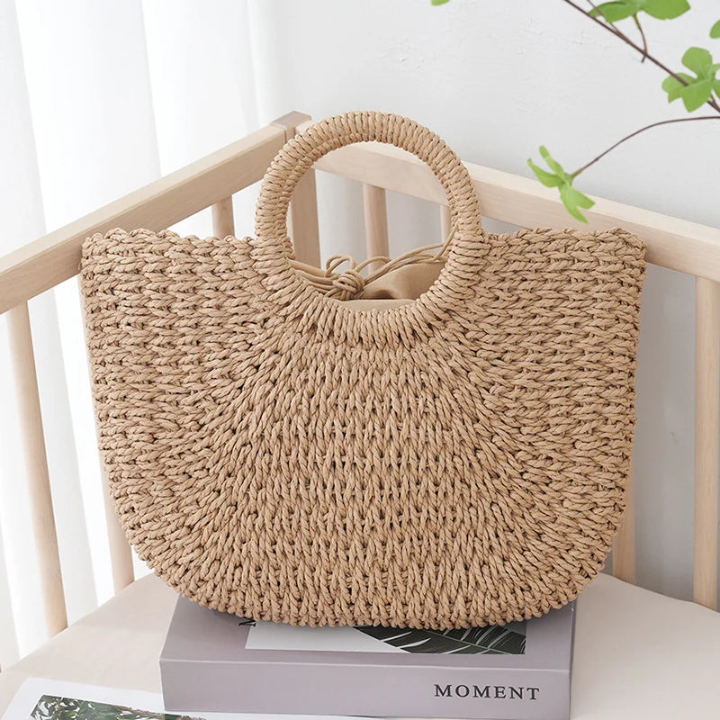 Summer Half-Moon Straw Bag for Women | Sophisticated Handmade Portable Handbag | Elegant Large Capacity Beach Basket | Luxury Bohemian Woven Top-Handle Tote with "Dignified" Artisan Texture Luxegan