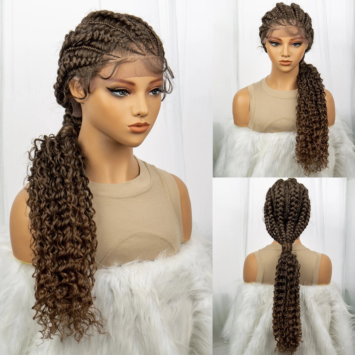 Curly Ends Cornrow Box Braids Wig | Handmade Lace Front | Baby Hair Luxegan
