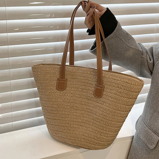 Summer Large Capacity Straw Bag | Sophisticated Knitted Bohemia Top-Handle Bag | Elegant Travel Tote & Armpit Bag | Luxury "Dignified" Woven Straw Handbag with Secure Zipper Closure Luxegan