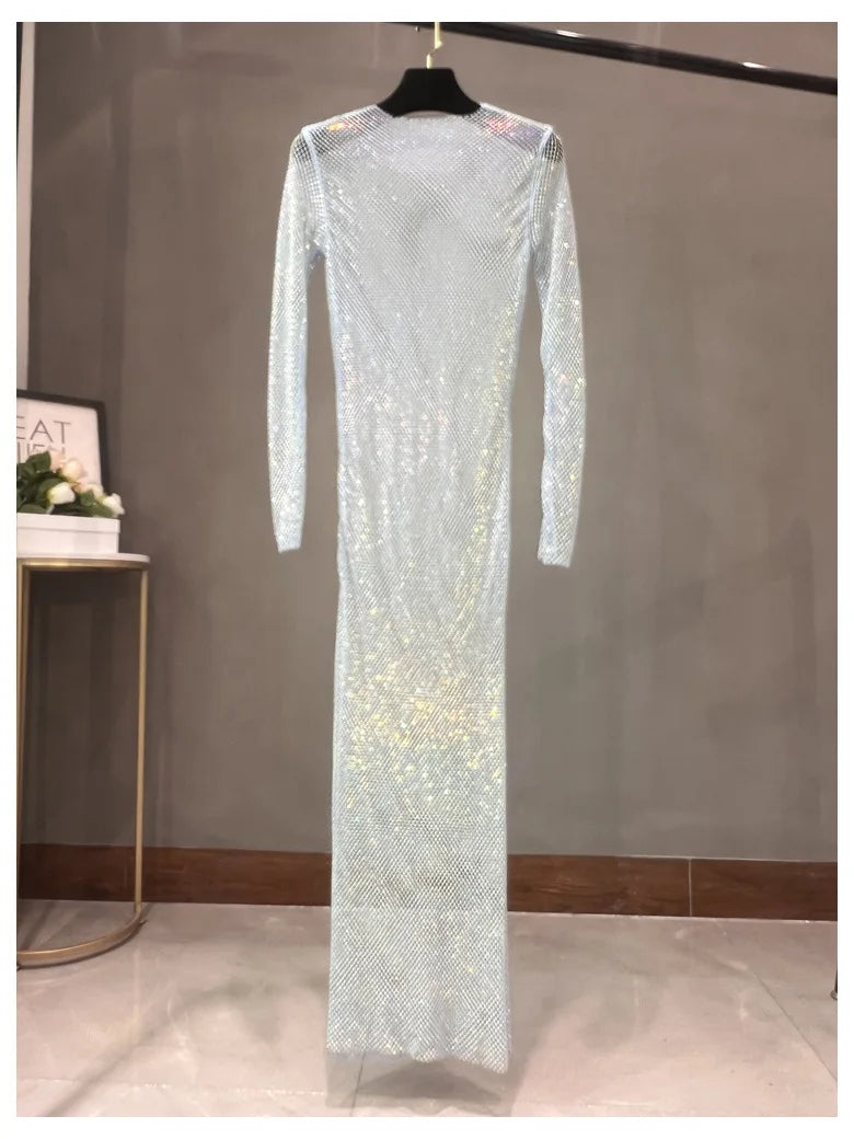 Long Sleeve Rhinestone Diamond Hollow-Out Sheath Maxi Dress | Sexy Club Glam Floor-Length Gown Luxegan