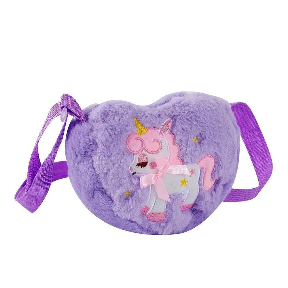 Cute Unicorn Plush Heart Messenger Bag | Girls' Faux Fur Half-Moon Crossbody | Soft Animal Print Coin Purse & Wallet | Magical Kids' Gift Small Shoulder Backpack Luxegan