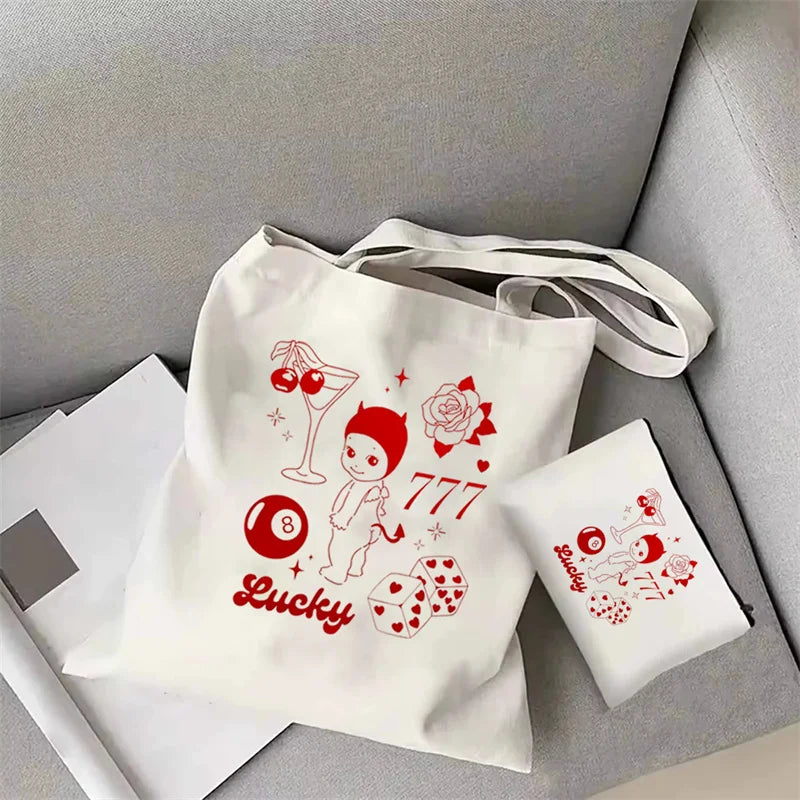 Sonny Angel Kewpie Cherub Canvas Tote Bag | Lucky Girl Eco-friendly Reusable Shopping & Book Bag (Women's Merch) Luxegan