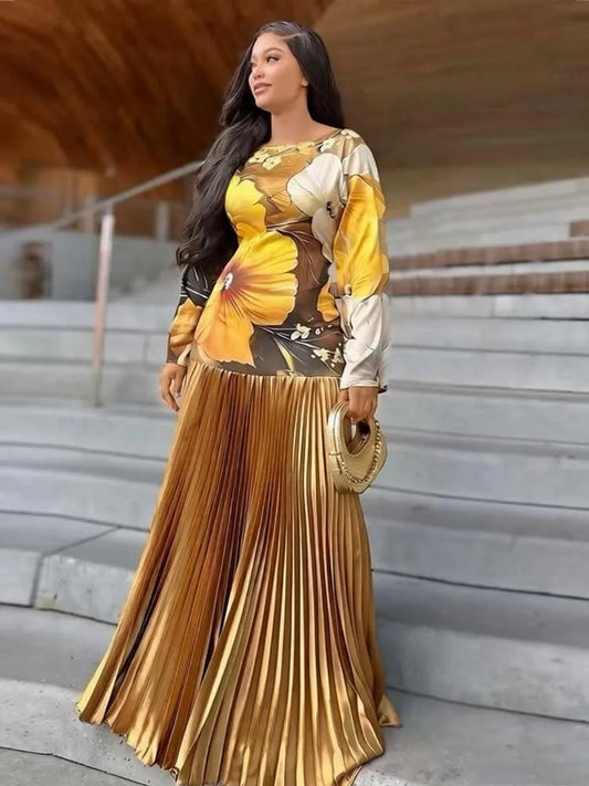 Gradient Tie-Dye Satin Maxi Dress | Flare Sleeve Pleated A-Line Boho Evening Gown Luxegan