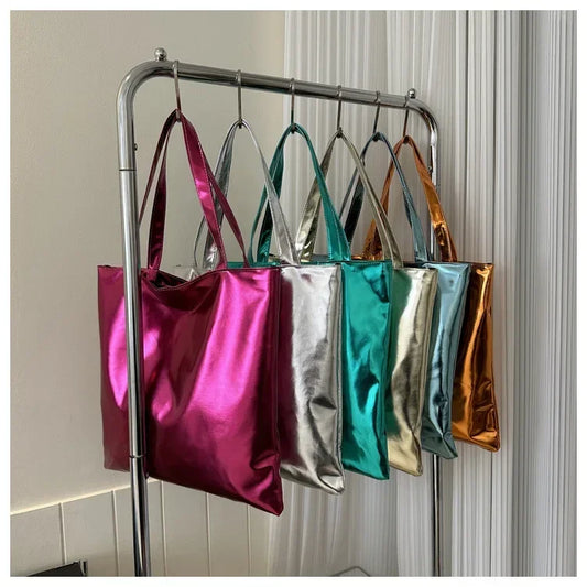 Glossy Fashion Tote Bag | Sophisticated High-Capacity Shopping Pouch | Elegant Shiny Casual Female Purse | "Dignified" Soft TPU Handbag with Top Handles for Versatile Daily Styling Luxegan