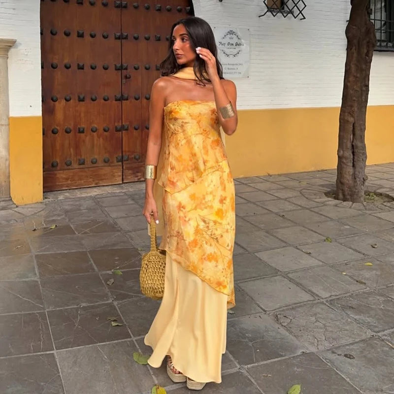 Organza Floral Printed Maxi Dress V-Neck  Puff Sleeve 2026 Spring/Summer Romantic Women Party Gown Fashion Elegant Lady Vestidos