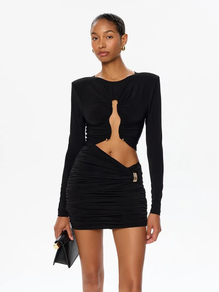 Hollow-Out Knit Round Neck Full Sleeve Slim Sheath Mini Dress – Solid, All Season Luxegan