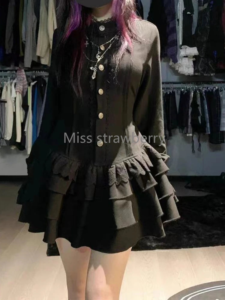 Women's Spring Vintage Gothic Lace-Up Dress | High Street Black Lolita Slim Fit Mini Dress | Y2k Lace Full Sleeve Ball Gown Clothing | Premium Tatting Half High Collar Dress Model 2503273Y Luxegan