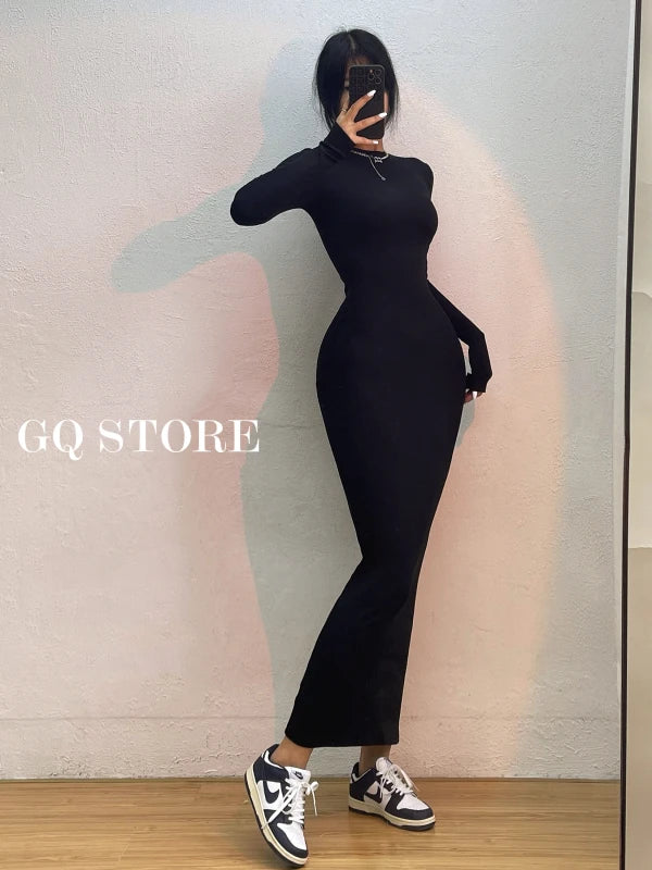 Women's Elegant High Street Long Sleeve Maxi Dress | Simple Korean Style Slim Fit Ankle-Length Robe | Soft Autumn/Winter Solid Color A-Line Gown | Premium Ruffle Empire Waist Model Carbon Ash Luxegan