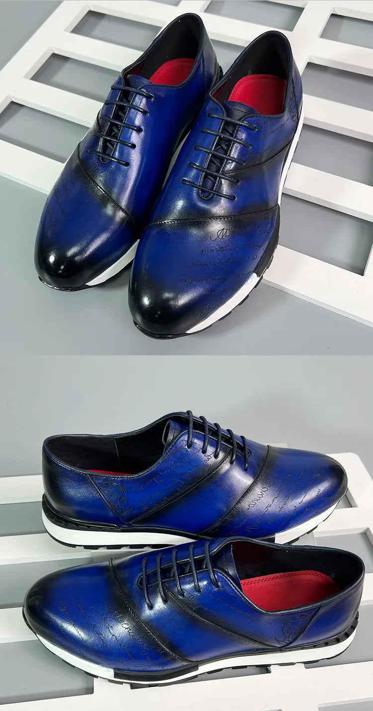 Men's Genuine Leather Oxford Sneakers | Sophisticated Letter Engraving Panel Detail | Elegant "Cow Leather" Lace-Up Casuals | "Dignified" Spring/Autumn Outdoor Daily Shoes for Radiant Versatile Styling Luxegan