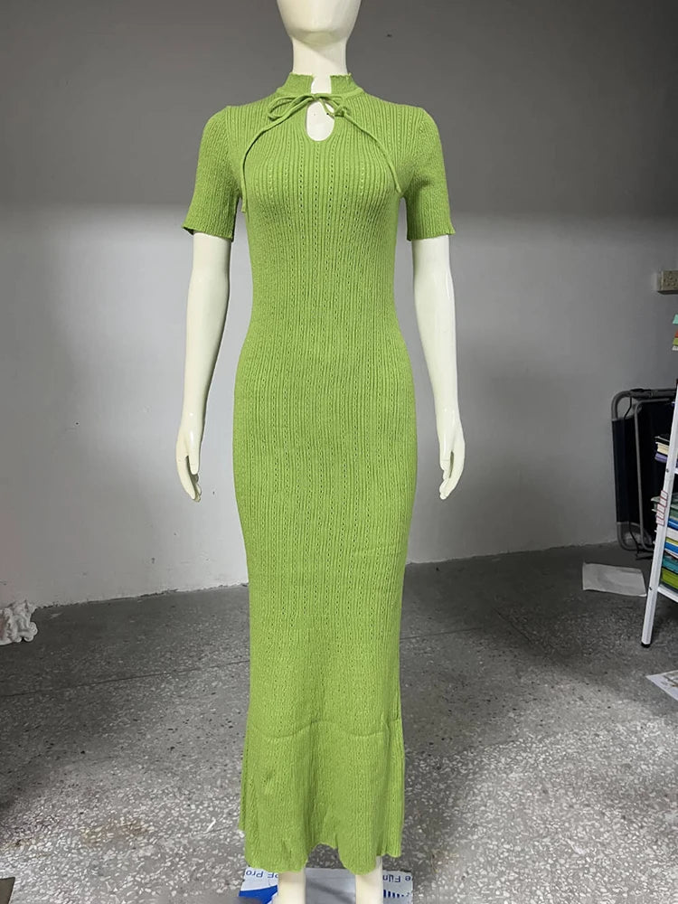 Solid Stand Collar Short Sleeve Slim Fit A-Line Knit Dress – Natural Waist, Summer | Short & Long