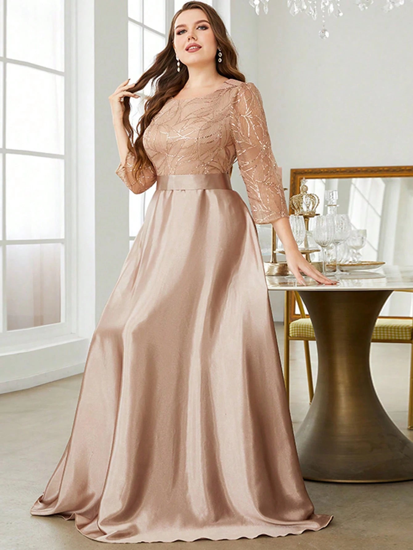 Elegant Crew Neck Sequin Patchwork Satin Ball Gown | Long Sleeve Fit & Flare Party Dress | Premium Solid Color Ankle-Length Bridesmaid Dress | Regular Fit O-Neck Tatting Evening Dress Luxegan