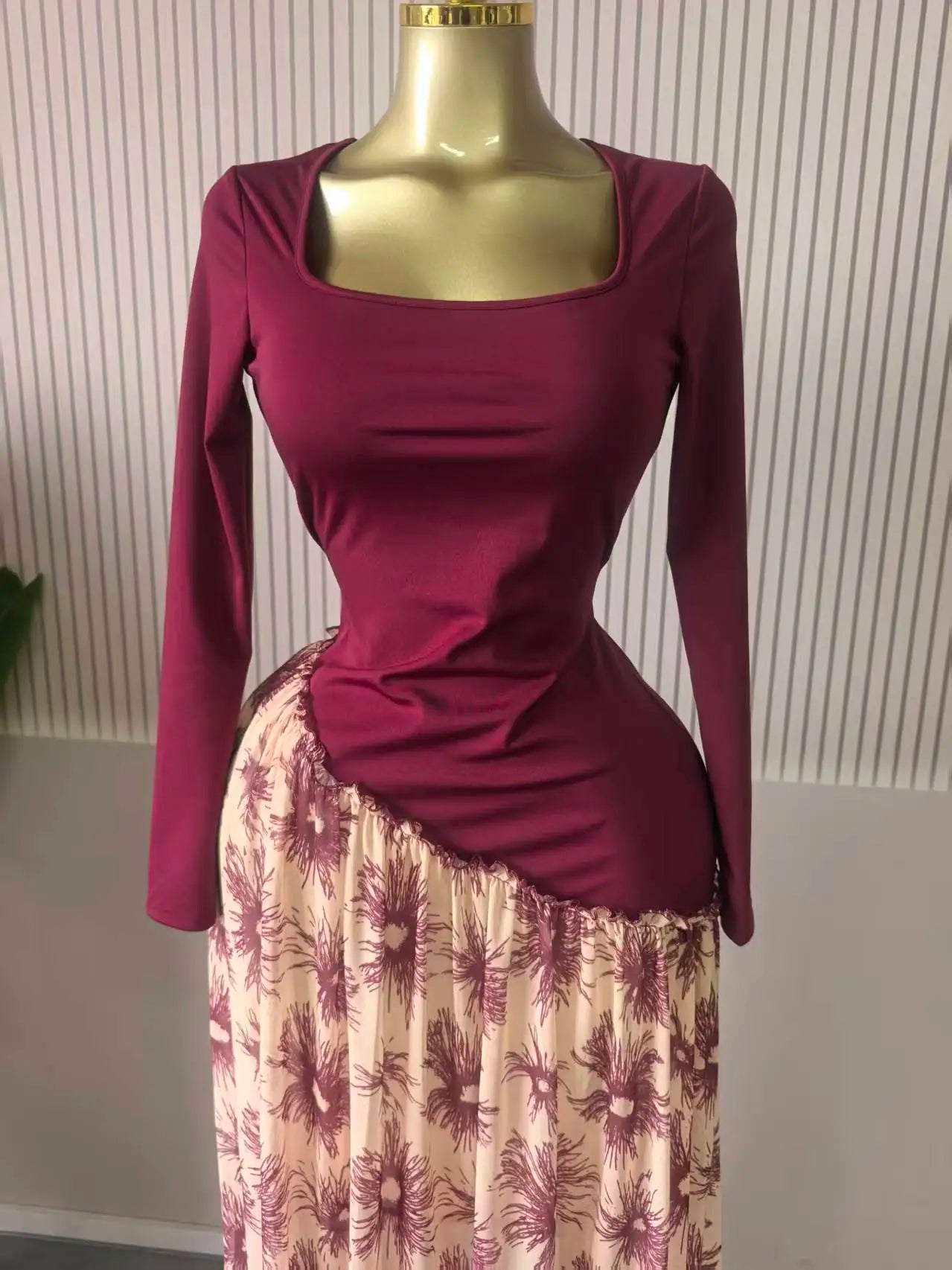 Print Pleated Maxi Dress with Sash | Square Neck Long Sleeve Elegant Party Evening Dress Luxegan