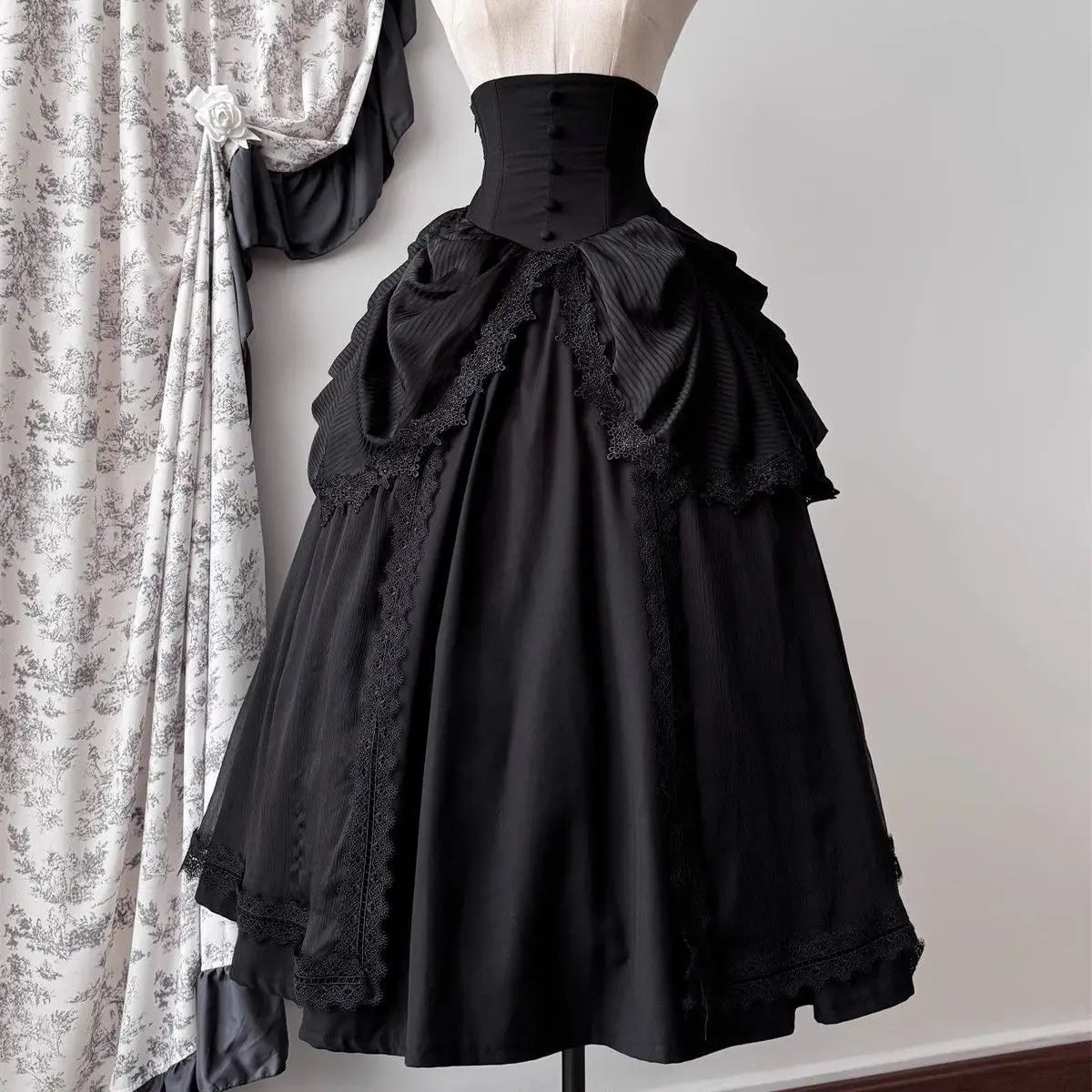 Women's Sleepwalking Gothic Style Skirt Set | Dark Halloween Lolita Slim Fit Mini Dress | Elegant Princess Flare Sleeve Goddess Outfit | Premium Non-Woven Solid Black Co-Ord Set with Bow Accent Luxegan