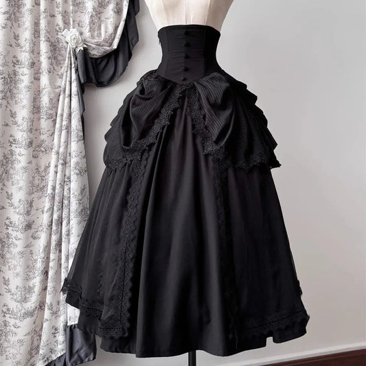 Women's Sleepwalking Gothic Style Skirt Set | Dark Halloween Lolita Slim Fit Mini Dress | Elegant Princess Flare Sleeve Goddess Outfit | Premium Non-Woven Solid Black Co-Ord Set with Bow Accent Luxegan