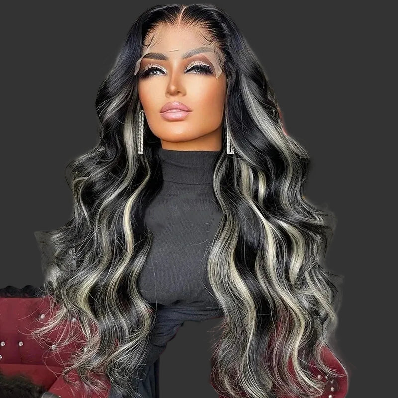 Platinum Blonde & Gray Highlight Body Wave HD Lace Wig | Sophisticated 13x4 Frontal & 5x7 Closure | Elegant "Peruvian Remy" 26-40 Inch Length | "Dignified" High-Density Human Hair for Radiant Versatile Styling Luxegan