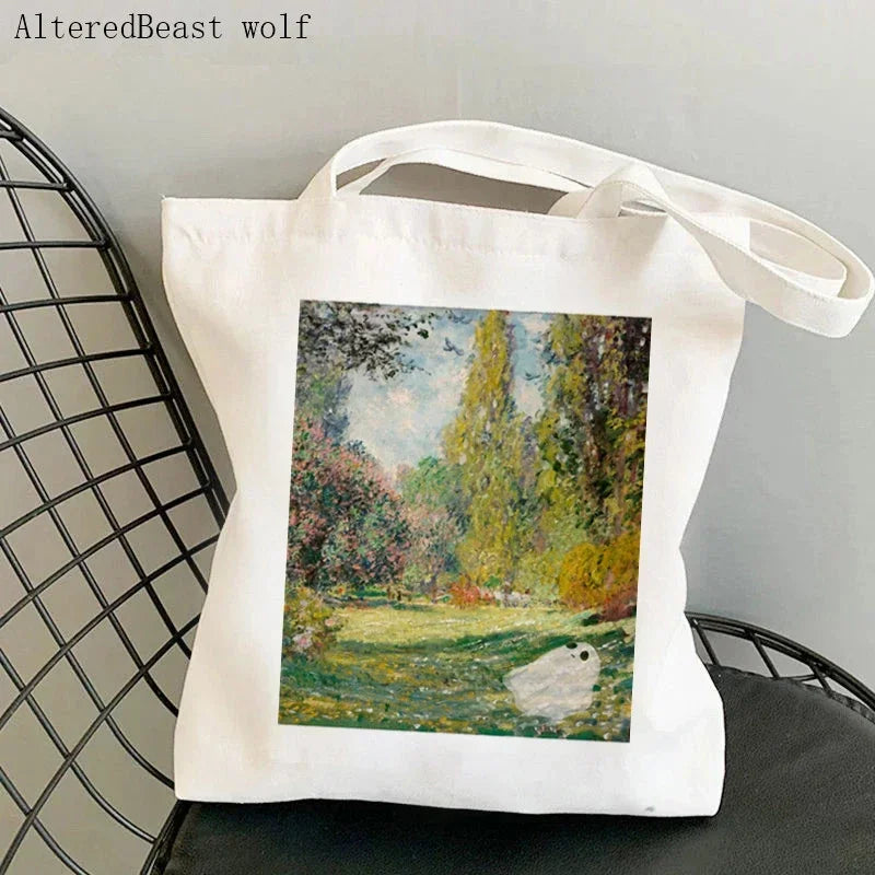 Monet Water Lilies Canvas Shoulder Bag | Sophisticated Kawaii Harajuku Shopping Tote | Elegant Art-Inspired Shopper Handbag | "Dignified" Durable Square Purse for Versatile Daily Styling Luxegan