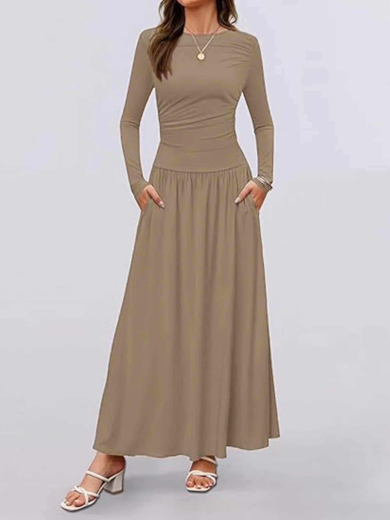 Autumn New Arrivals Long Sleeve Maxi Dress | Comfortable High-Stretch Ruched Detail Long Gown | Elegant O-Neck Solid Color Multi-Color A-Line Dress | Premium Tatting Regular Fit Ankle-Length Everyday Wear Luxegan