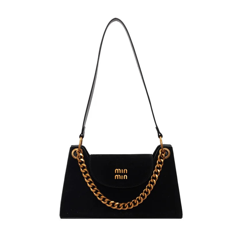Classic Handbag Letter Design Shoulder Bag with Metallic Chain | Square Bag, Women's Suede Messenger & Winter Wedding Bag Luxegan