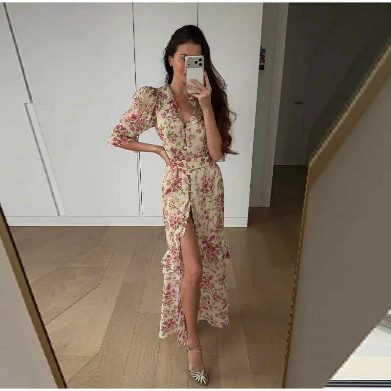 Organza Floral Printed Maxi Dress V-Neck  Puff Sleeve 2026 Spring/Summer Romantic Women Party Gown Fashion Elegant Lady Vestidos