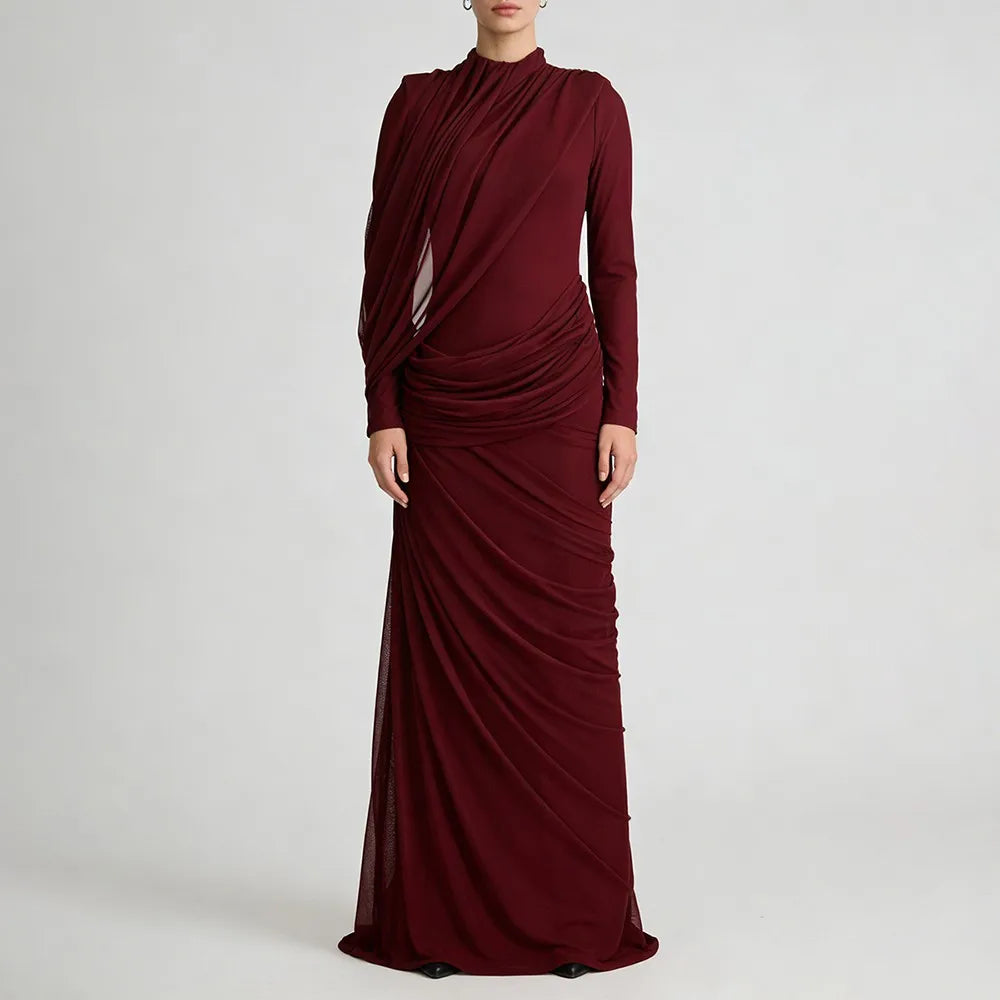 Shirring Spliced Irregular Hem Maxi Dress | Stand Neck Long Sleeve Slim Sheath Dress Luxegan