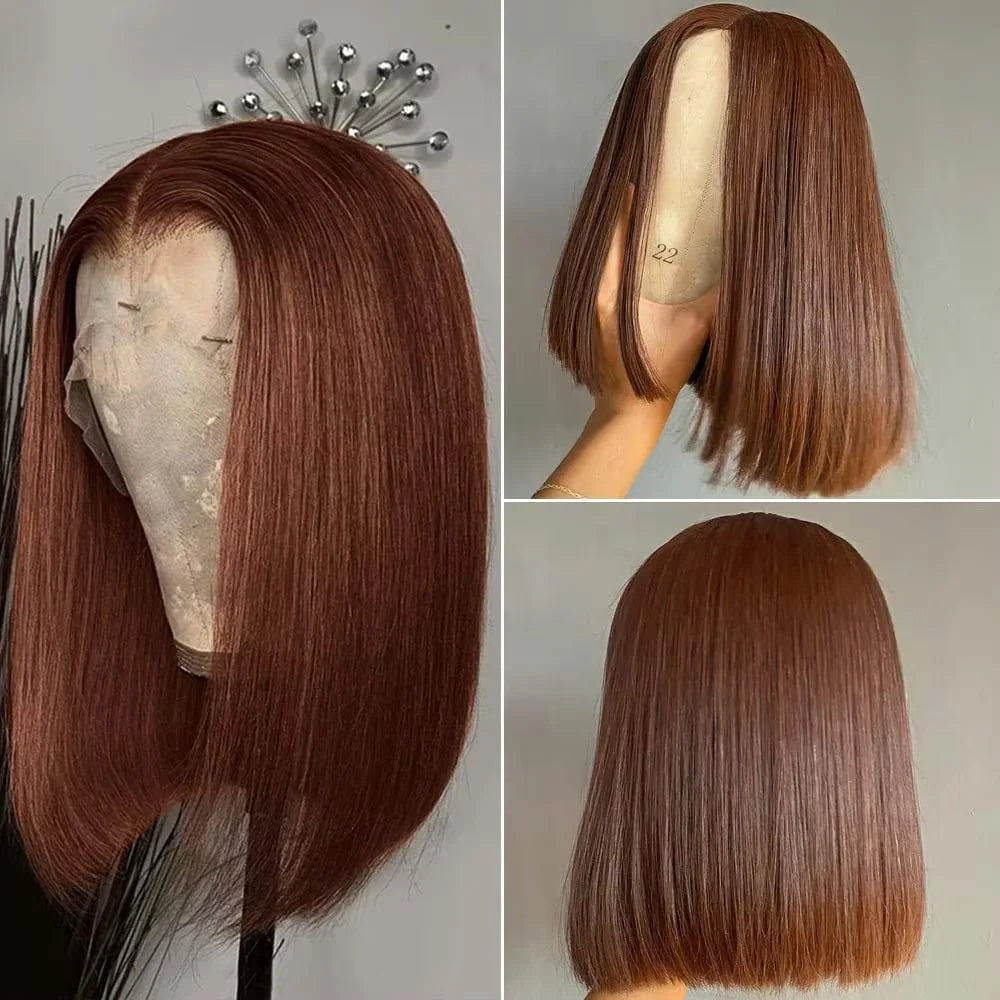 14-Inch Chocolate Brown Straight Bob Wig | Sophisticated 220% Density HD Transparent Lace Frontal | Elegant "Short Bob" Silhouette | "Dignified" Pre-Plucked Brazilian Remy Human Hair for Radiant Versatile Styling Luxegan