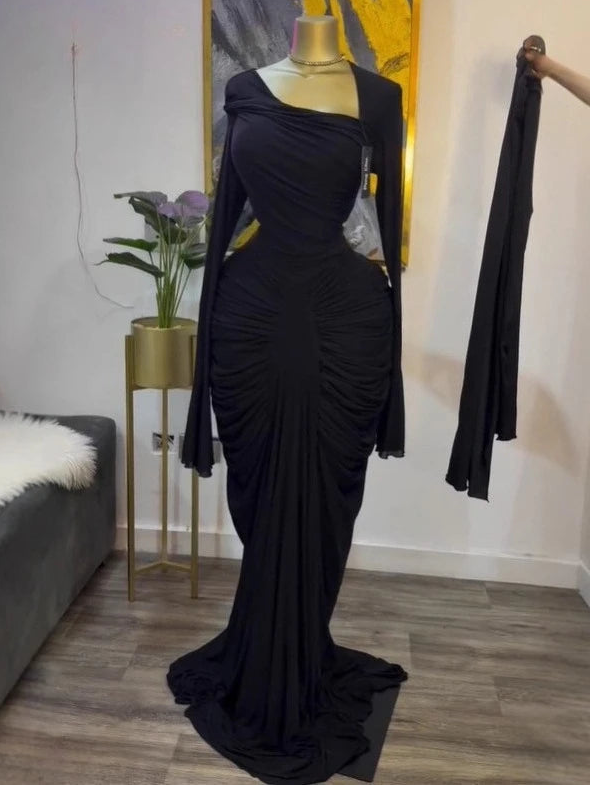 Women's Skew Neck Flare Sleeve Ruched Maxi Dress with Scarf – Floor-Length Luxegan