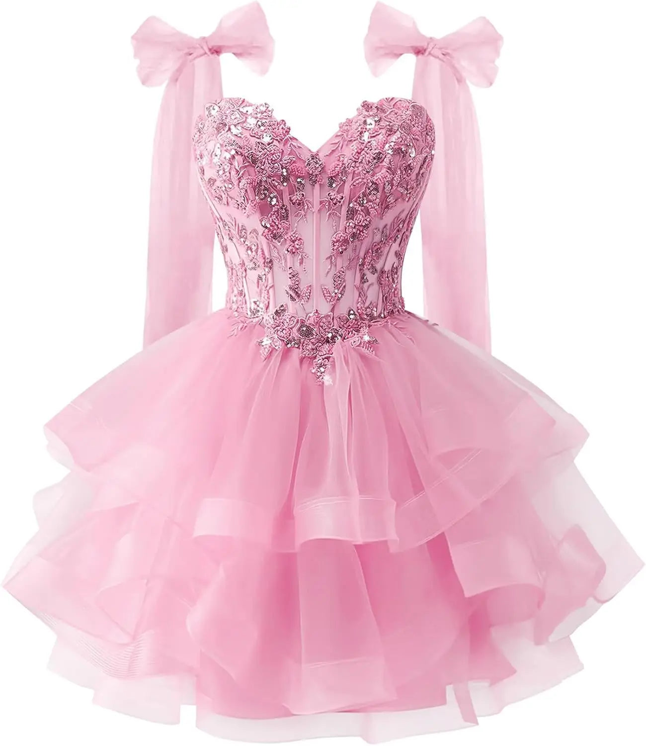 Tiered Tulle Homecoming Dresses Sparkly Lace Applique Bow Straps Short Prom Dress for Teens Cocktail Dress Graduation Dress