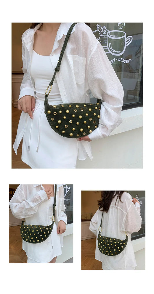 Women's Suede Rivet Designer Crossbody Bag | Premium Faux Suede Shoulder Hobo Purse | Minimalist Solid Color Handbag with Open Pocket | Versatile Four-Seasons Travel Pack Model 20250718HM017 Luxegan