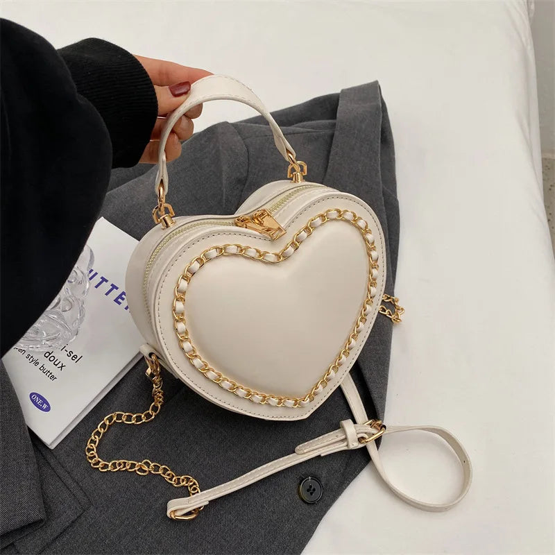 Women’s Red Love Heart-Shaped Shoulder Bag | Fashion Heart Crossbody Bag with Embroidery | Elegant Ladies' Chain Purse & Heart Clutch | Romantic PU Leather Flap Bag Luxegan