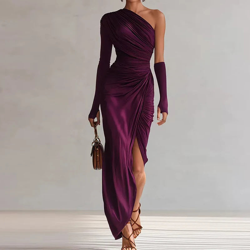 One-Shoulder Skew Collar Patchwork Maxi Dress | Solid A-Line Long Sleeve Elegant Holiday Party Dress Luxegan