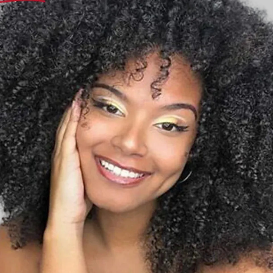 Ginger Highlight Afro Kinky Curly Human Hair Bob Wig with Bangs - 250% Density Full Machine-Made Glueless Short Wig - 100% Brazilian Remy Human Hair P4/27 & Ginger Jerry Curly Fringe Wig for Women Luxegan