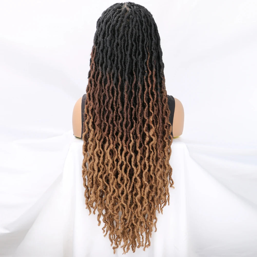 Ombre Faux Locs Braided Wig with Baby Hair & Curly Ends – Square Part Lace Front | 24 Inches Luxegan