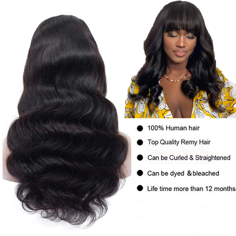 12A Grade Body Wave Human Hair Wig with Bangs | 100% Peruvian Remy Human Hair Glueless Wig | Fully Machine-Made High-Density Body Wave Wig for Women Luxegan