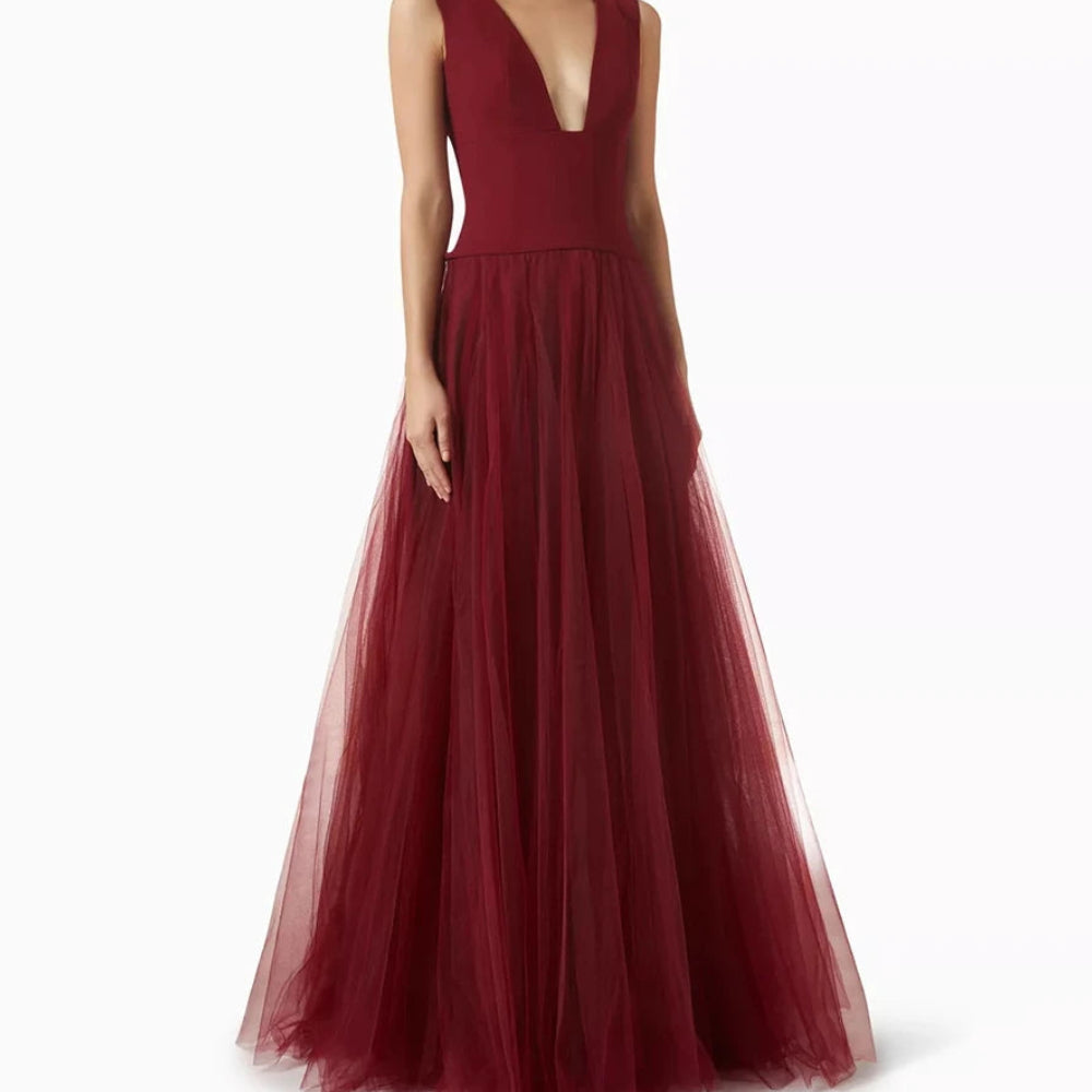  Draped Backless A-Line Prom Dress | V-Neck Sleeveless Floor-Length Evening Gown Luxegan